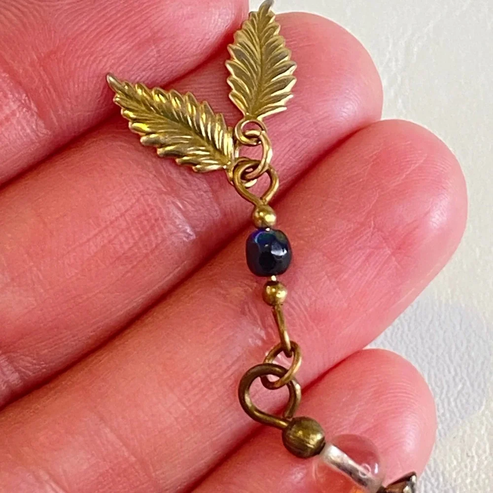 Vintage Blue Cloisonne Stick Hat Pin Enamel Floral Gold Tone Leaf Charms Beads
